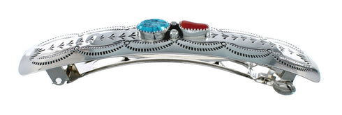 Native American Navajo Turquoise Coral Sterling Silver Hair Barrette JX131017